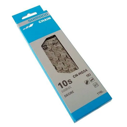 Embalagem azul e cinzenta com corrente de bicicleta Shimano CN-HG54 para 10 velocidades