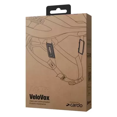 Caixa de cartão com ilustração de capacete e sistema de comunicação VeloVox da Lazer.
