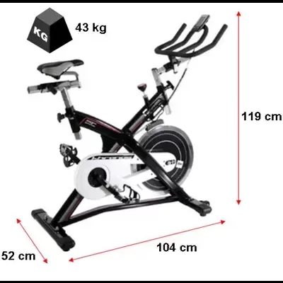 Bicicleta estática preta e branca com medidas e peso indicados