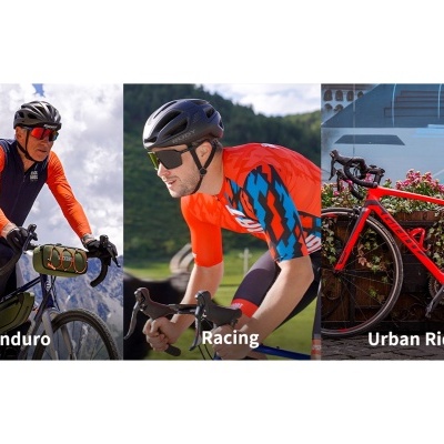 Três ciclistas com capacetes e equipamentos de várias cores em ambientes diferentes, com texto Enduro, Racing e Urban Riding.