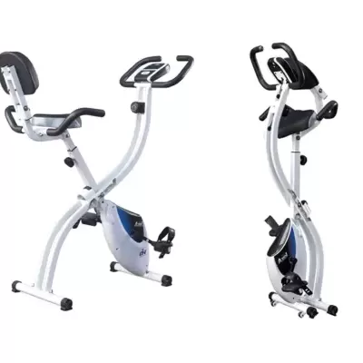 bicicleta estática dobrável branca com assento preto e monitor digital