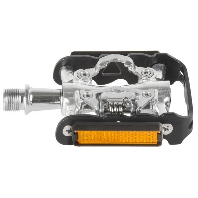 Pedal de bicicleta metálico prateado com refletor amarelo em estrutura preta