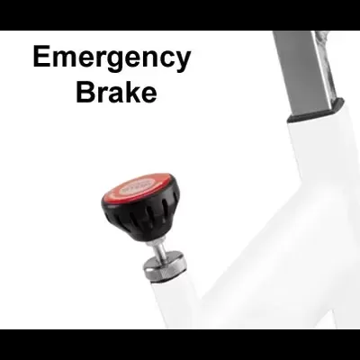 Peça branca com botão preto e vermelho e texto 'Emergency Brake'