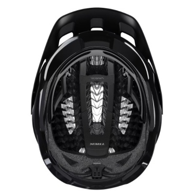 Capacete de bicicleta preto visto de cima com interior acolchoado cinzento e sistema de ajuste central.