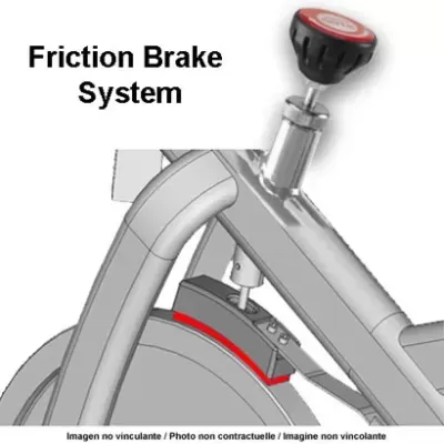 Sistema de travagem por fricção com estrutura metálica prateada e botão preto e vermelho