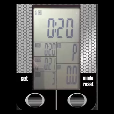Cronómetro digital com ecrã e botões num fundo hexagonal