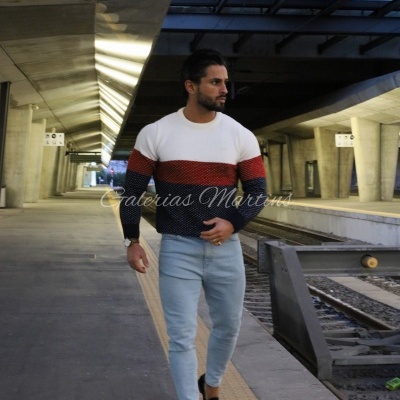 Camisola tricô ,azul, vermelho ,branco