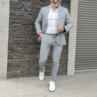 Calças slim fit , cinza riscas,RF:13