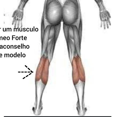 Imagem anatómica dos músculos da parte posterior das pernas com texto em português a indicar contraindicação para músculo gémeo forte