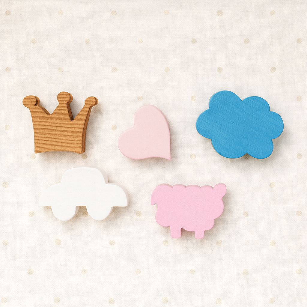 Figuras de madeira coloridas diversas em fundo bege com pontos.