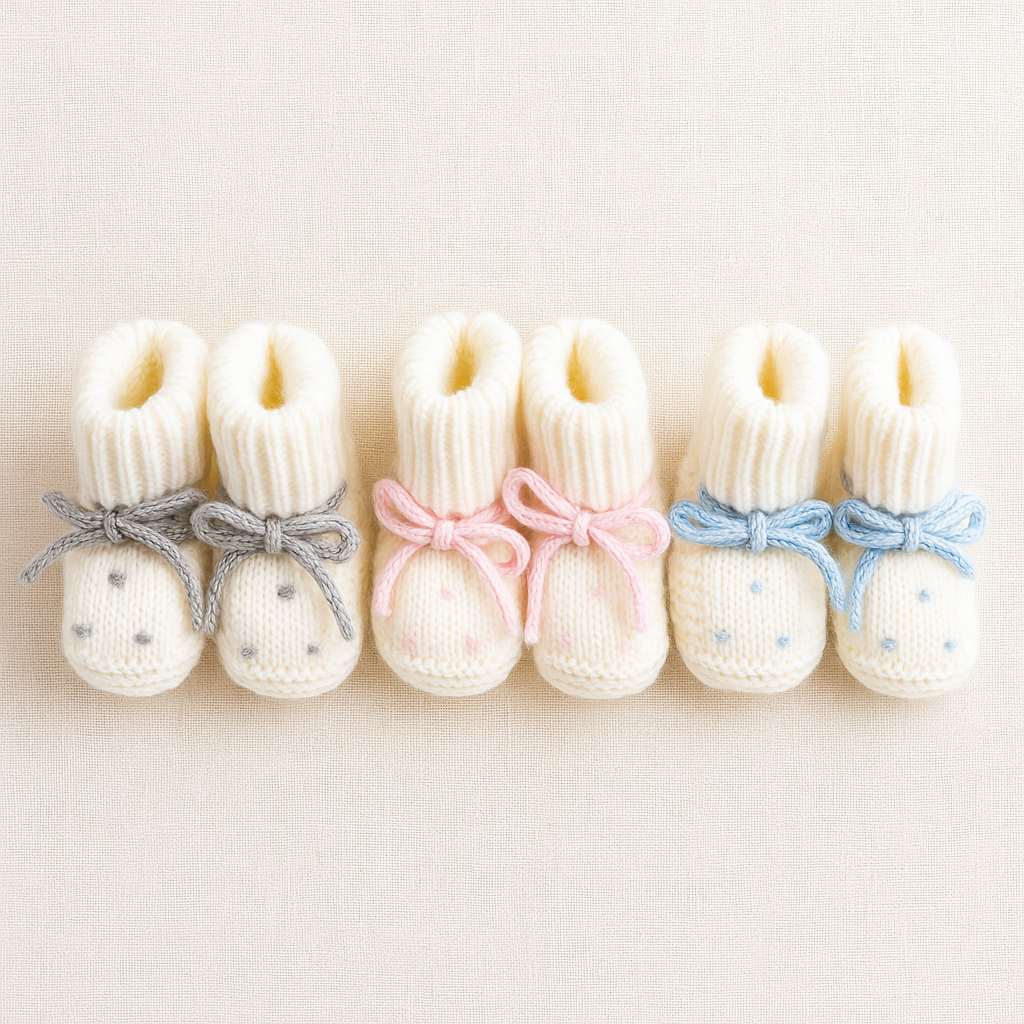 Três pares de botins de bebé de malha branca com laços coloridos