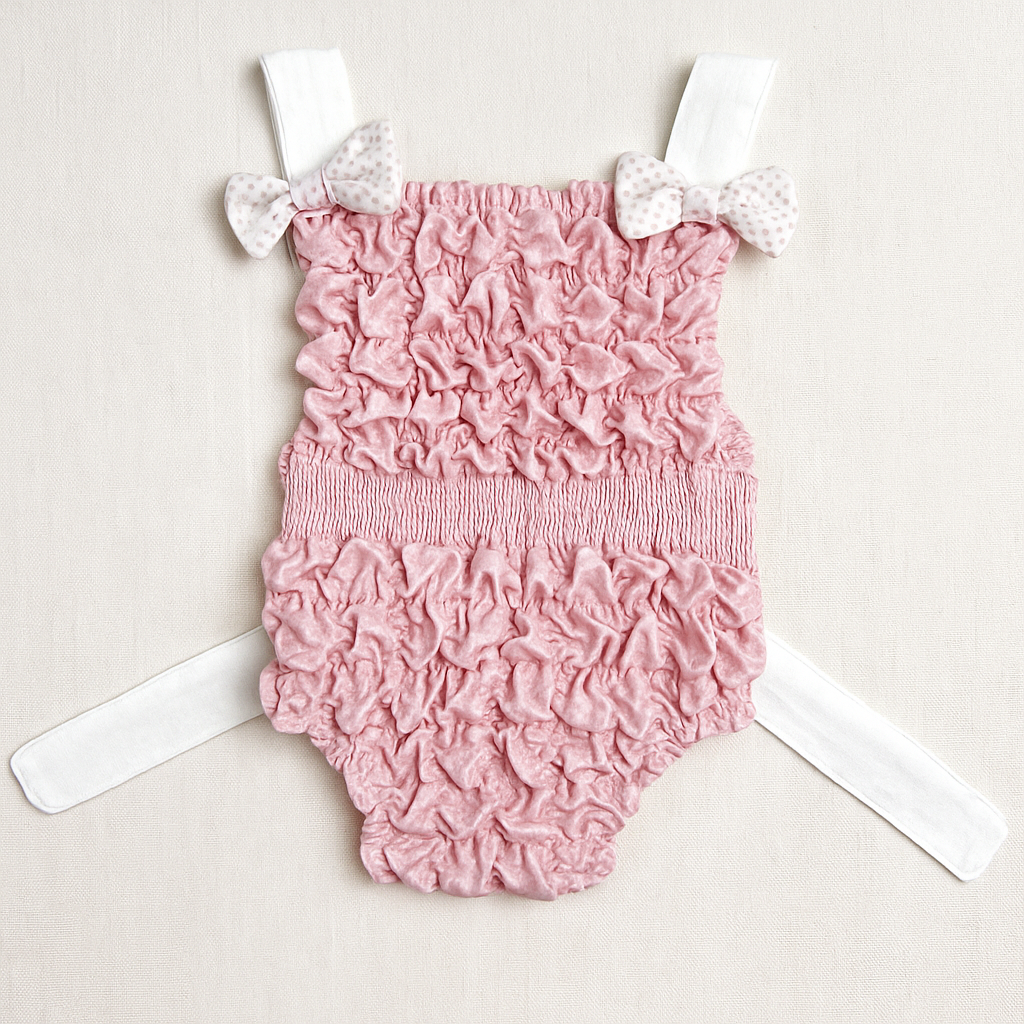 Fato de banho de bebé rosa com laços brancos e rosa