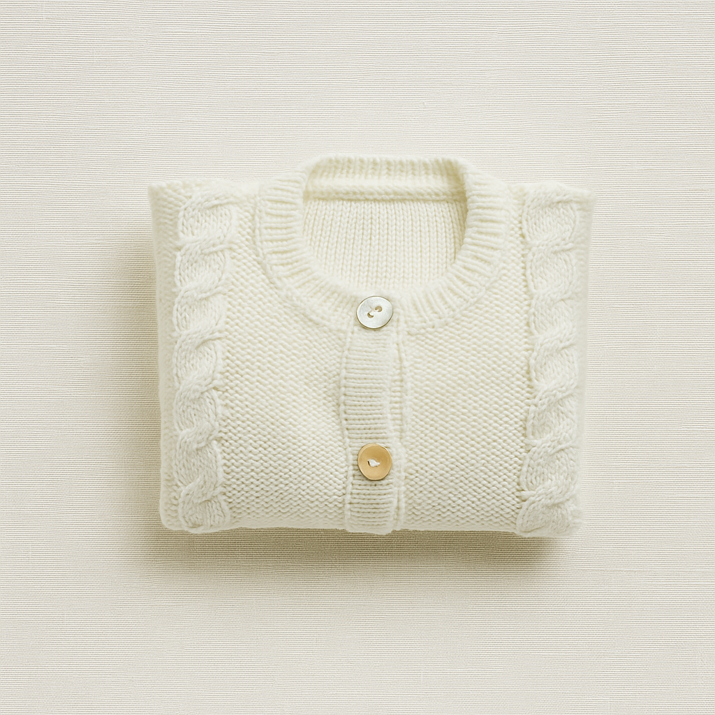 Camisola de malha branca com botões e padrão tramado