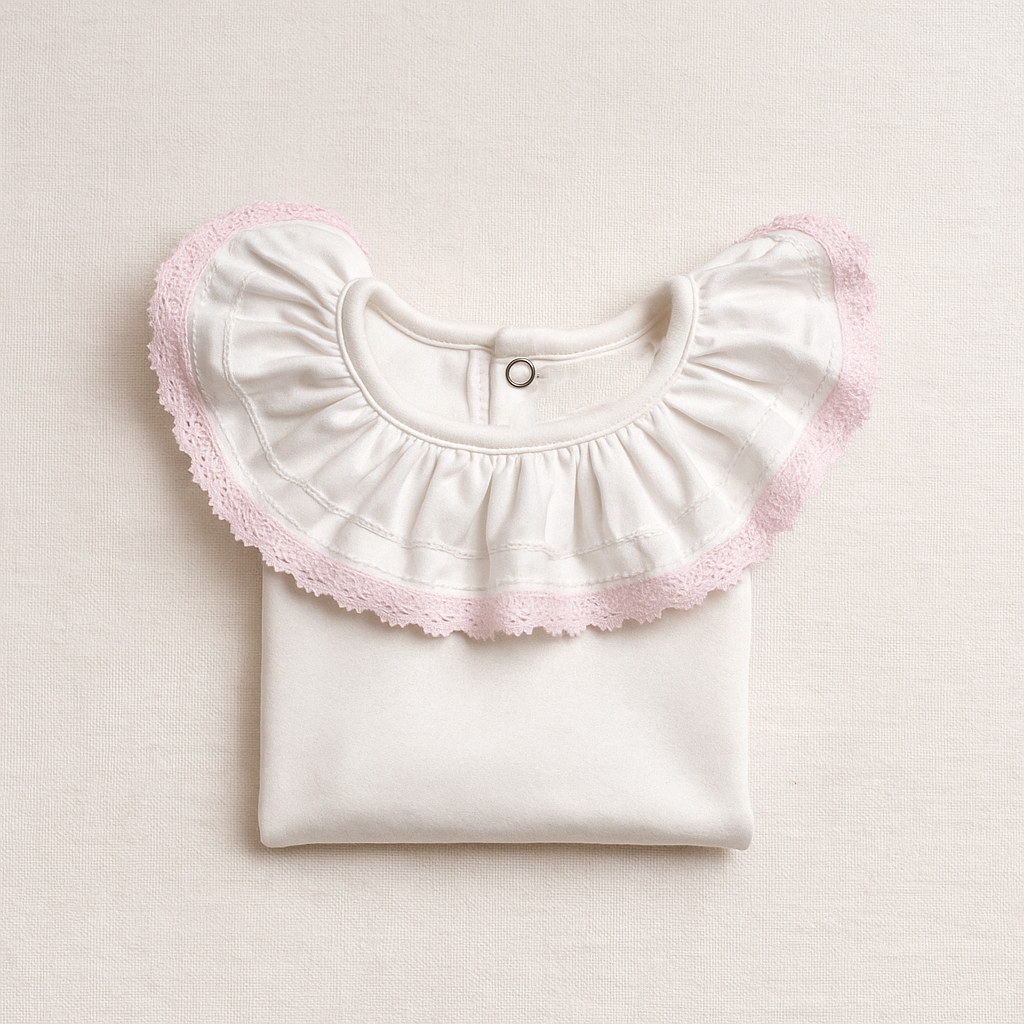 Blusa branca de bebé com gola rodada e renda rosa