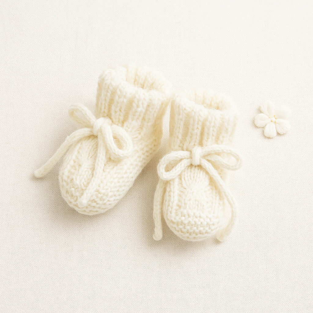 Botas de bebé em malha creme com laço