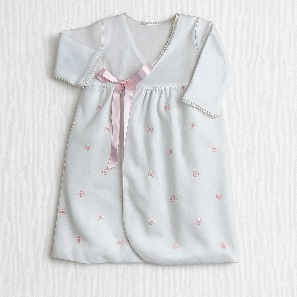 Vestido de bebé branco com detalhes cor-de-rosa e laço.