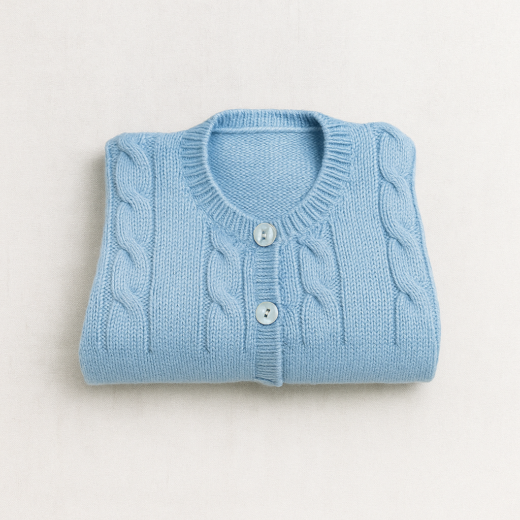 Casaco de malha azul claro dobrado com botões
