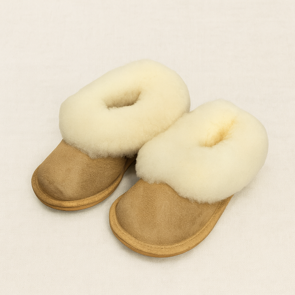Chinelos de camurça castanha com interior em lã branca fofa