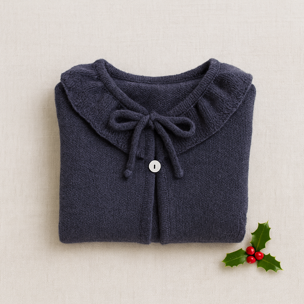 Camisola azul escuro com gola franzida, botão branco e ramo de azevinho em fundo bege.