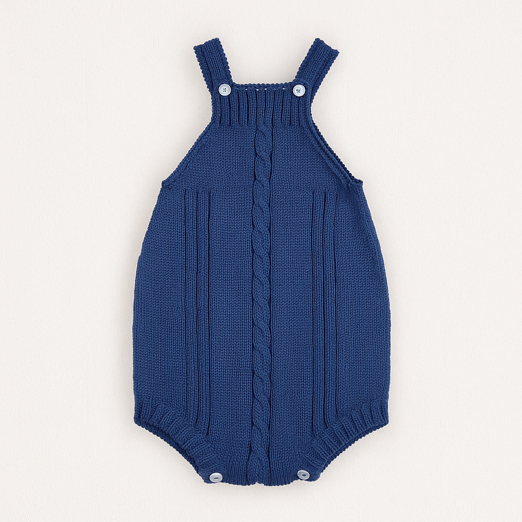 Macacão bebé em malha azul com botões e padrão trançado central