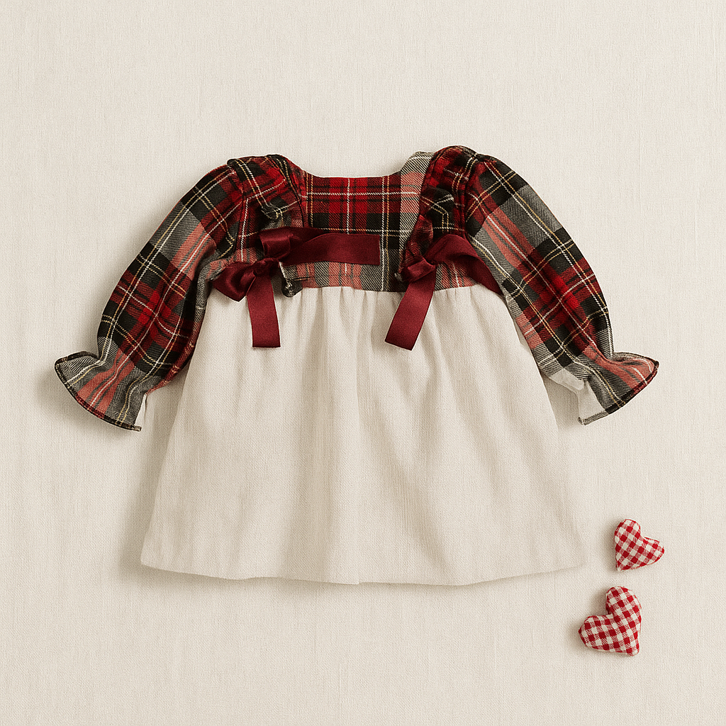 blusa infantil xadrez com laços vermelhos e corações decorativos