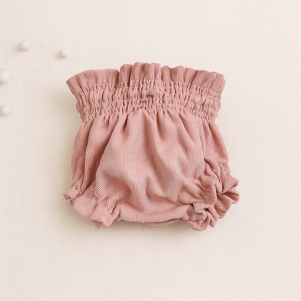 Calções de bebé rosa com cós e bainhas elásticas franzidas