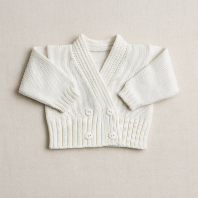 Casaco de malha branco para bebé com botões, em fundo bege.