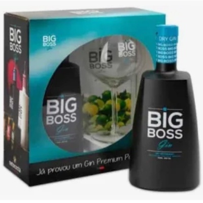 Conjunto presente Big Boss Gin com garrafa preta e copo de cocktail na caixa azul