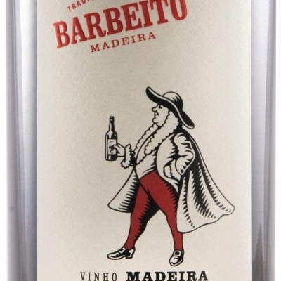 Etiqueta de vinho Barbeito Madeira com figura masculina estilizada a preto e vermelho