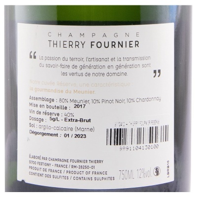 Etiqueta traseira de garrafa de champanhe Thierry Fournier com informação sobre composição e dosagem
