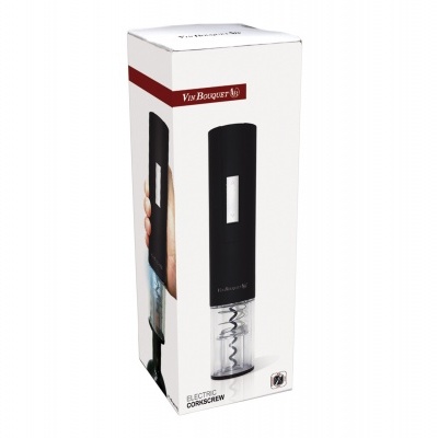 Caixa branca com imagem de saca-rolhas elétrico preto e texto visível