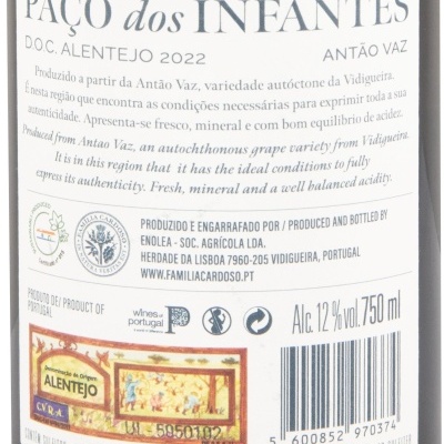 Rótulo traseiro de garrafa de vinho PAÇO dos INFANTES DOC ALENTEJO 2022 Antão Vaz