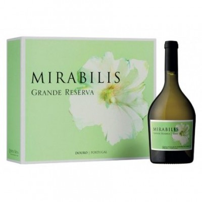 Garrafa de vinho branco Mirabilis Grande Reserva com caixa verde clara e flor branca