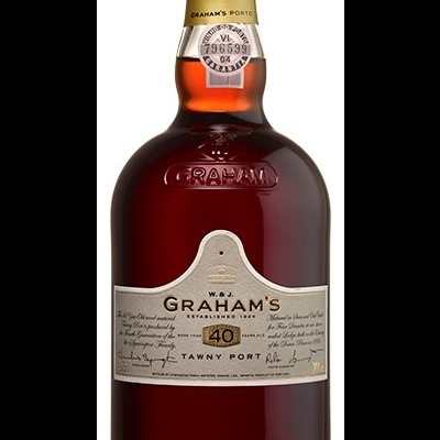 Garrafa de vinho do Porto Graham's Tawny 40 anos com etiqueta cinza e rolha dourada