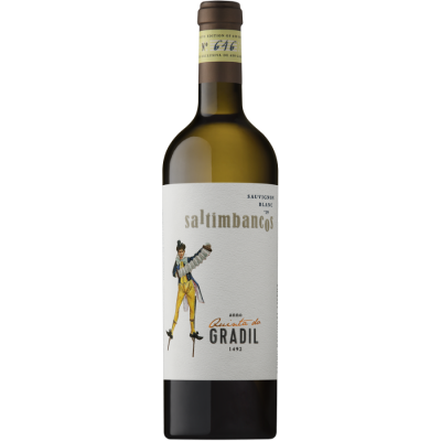 Garrafa de vinho branco Sauvignon Blanc com rótulo SALTIMBANCO'S e figura desenhada