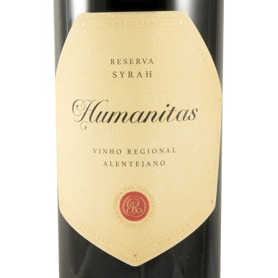 Rótulo de garrafa de vinho Humanitas reserva Syrah Alentejano