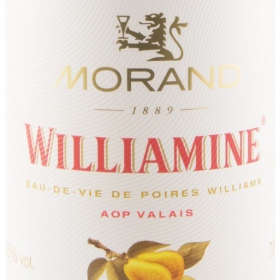 Rótulo de garrafa de Morand Williamine com texto e imagem de peras amarelas