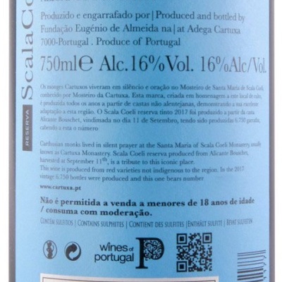 Etiqueta de vinho tinto regional Alentejano 2017 Alicante Bouschet com informações de produção, teor alcoólico 16% e selo de indicação geográfica