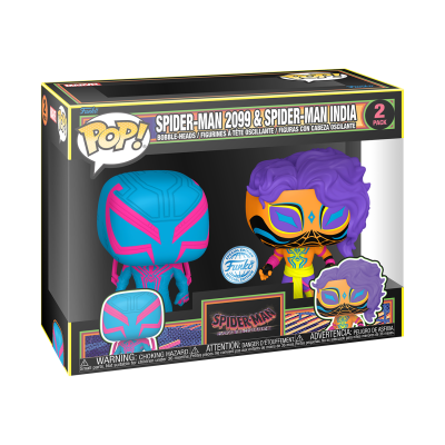 Funko POP! Marvel: Spider-Man Across the Spider-Verse - Spider-Man 2099 and Spider-Man India - Black Light - 2Pack - Exclusive