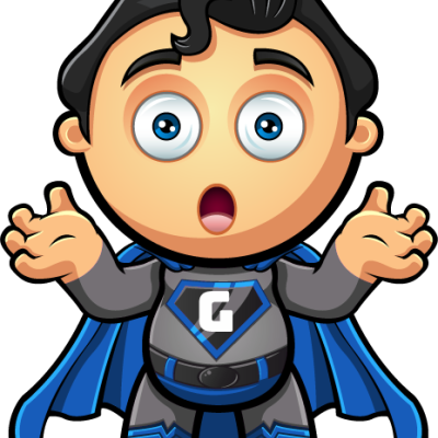 Personagem de super-herói cartoon com fato cinza e azul e capa azul.