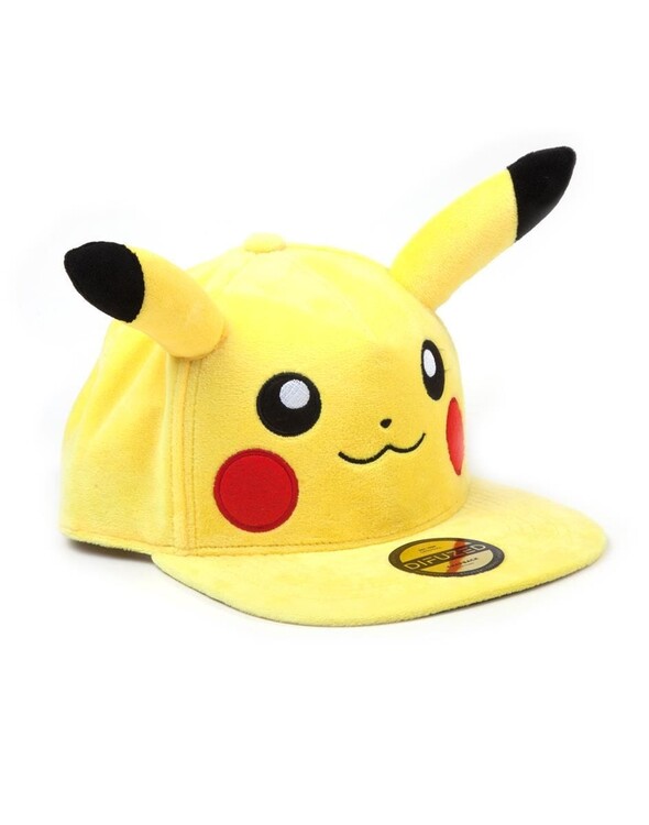 Chapéu amarelo de veludo com rosto e orelhas de Pikachu