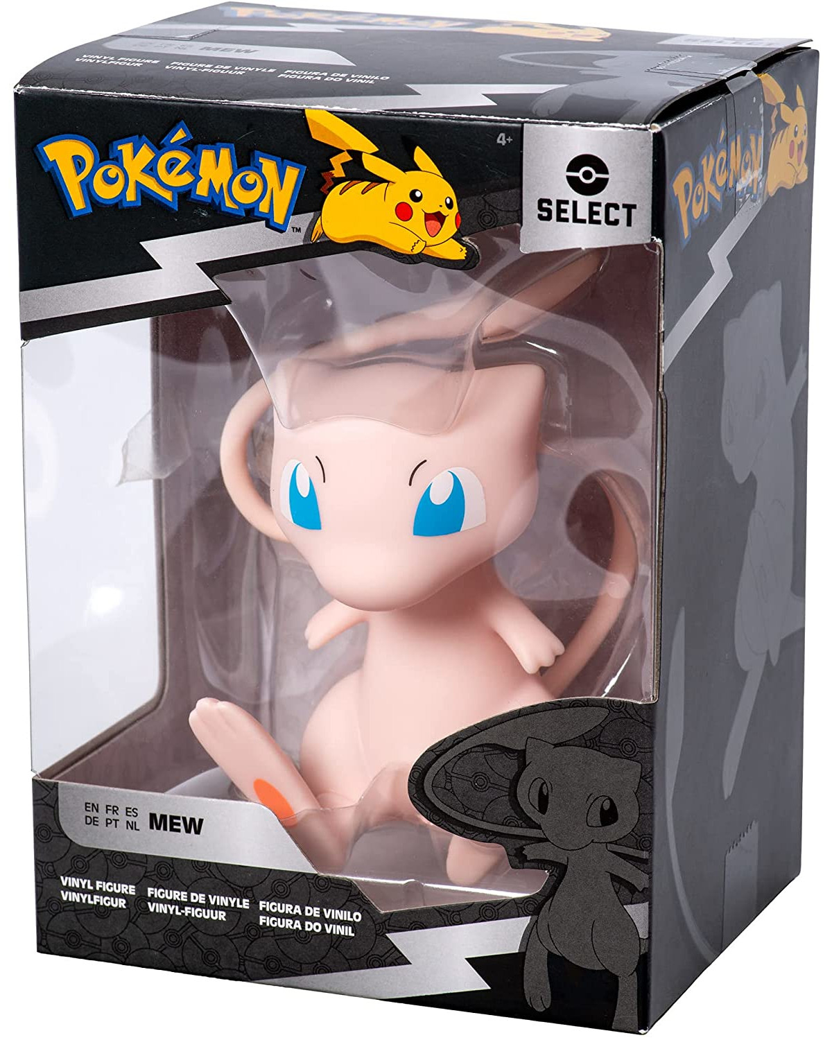 Figura de vinil do Pokémon Mew em embalagem preta e transparente