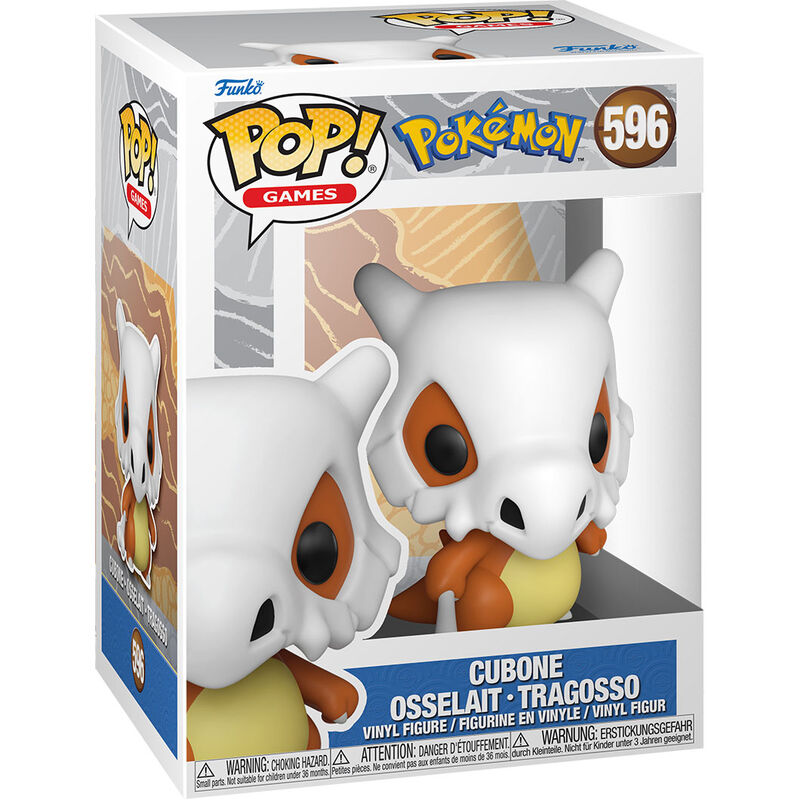 Figura Funko Pop! Pokémon Cubone em embalagem branca com detalhes azuis e amarelos