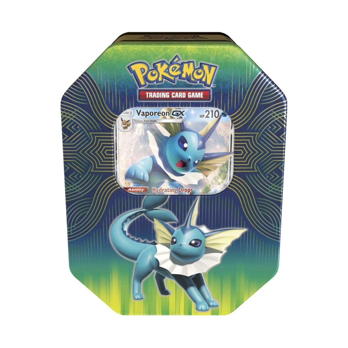 Lata hexagonal azul e verde do jogo Pokémon com personagem Vaporeon GX visível