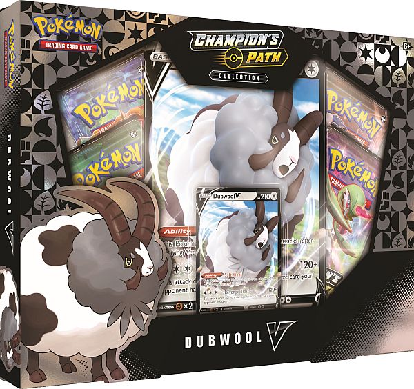 Embalagem da coleção Champion's Path do Pokémon Trading Card Game com o Pokémon Dubwool V e cartas visíveis