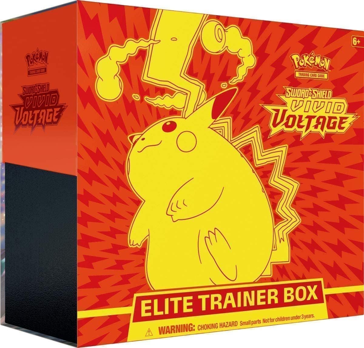 Caixa Pokémon Vivid Voltage Elite Trainer Box com Pikachu amarelo e fundo laranja