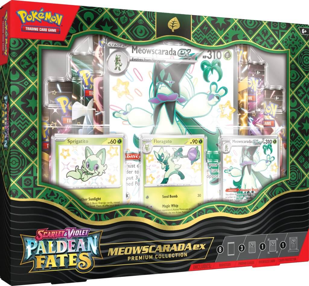 Pacote de cartas Pokémon Paldean Fates com cartas de Meowscarada ex, Sprigatito e Floragato