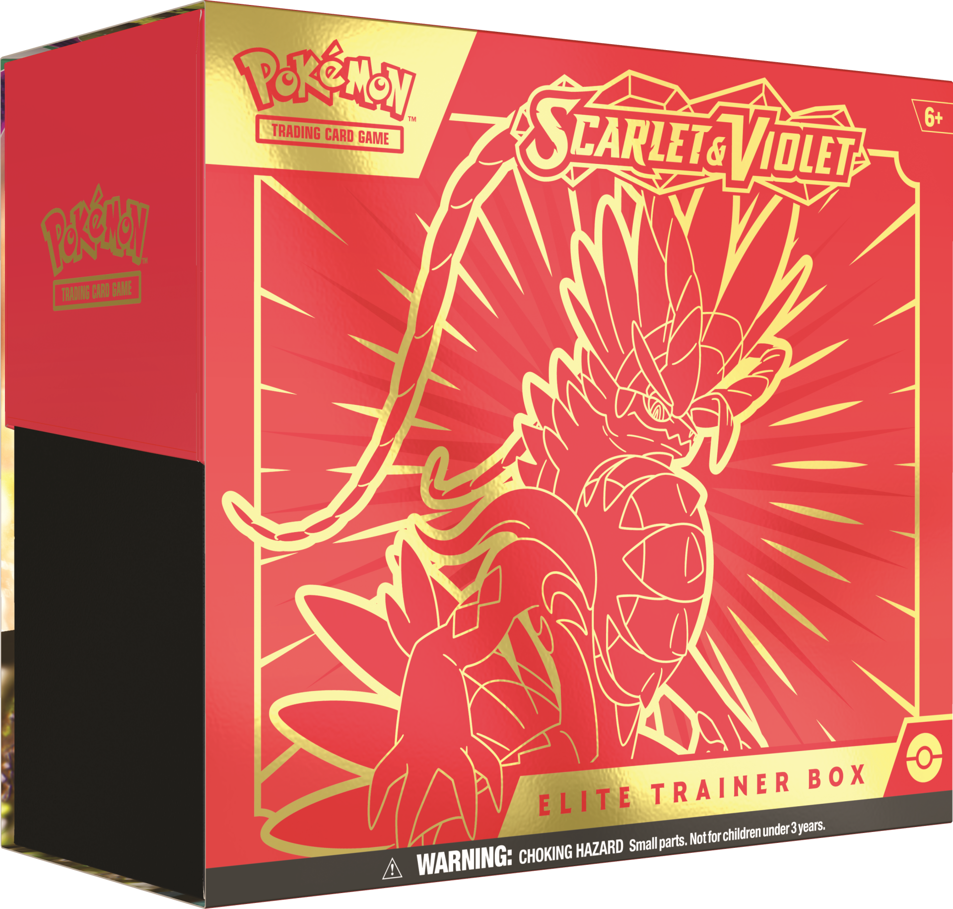 Caixa Pokémon Scarlet & Violet Elite Trainer Box vermelha com ilustração dourada de Pokémon