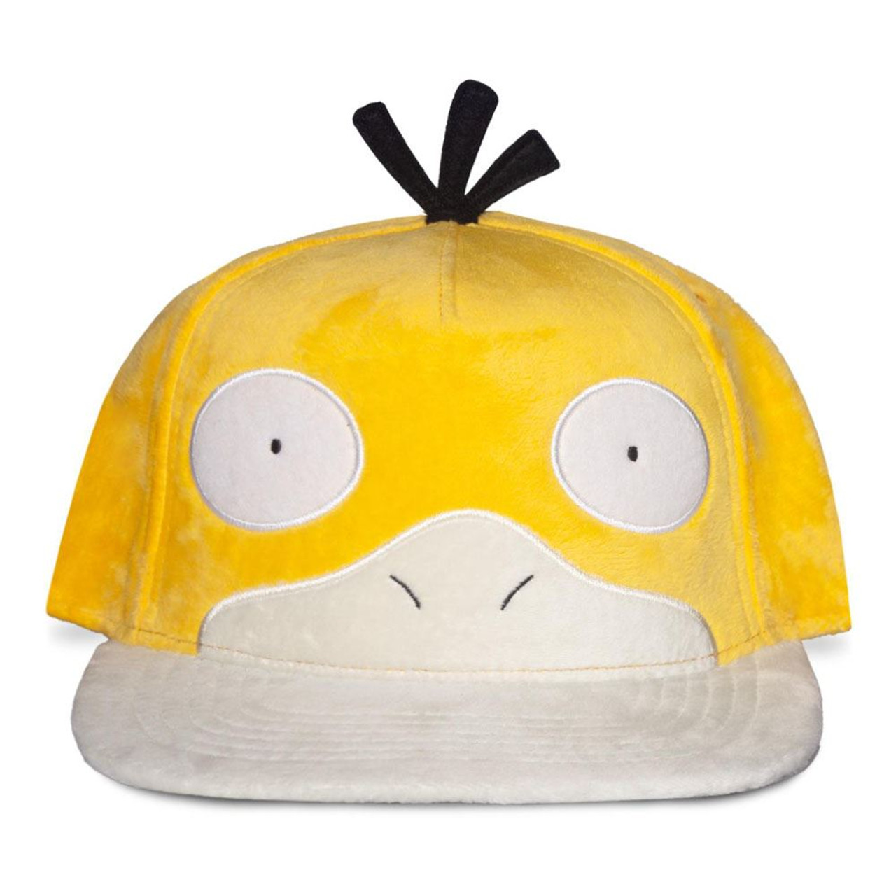 Boné amarelo e branco com design da cara do Psyduck em pelúcia
