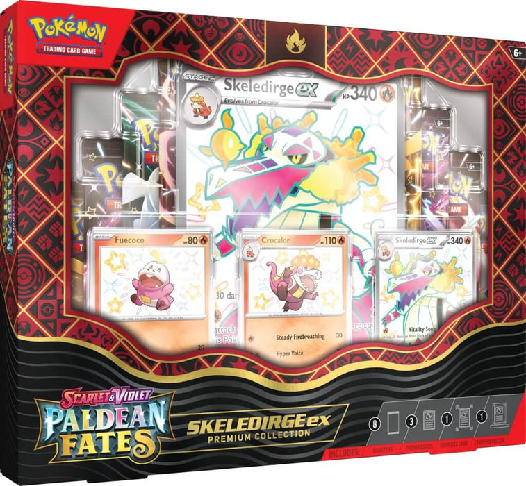 Caixa de coleção Pokémon Paldean Fates Premium Collection SkelidergeeX com cartas visíveis e fundo geométrico vermelho e preto